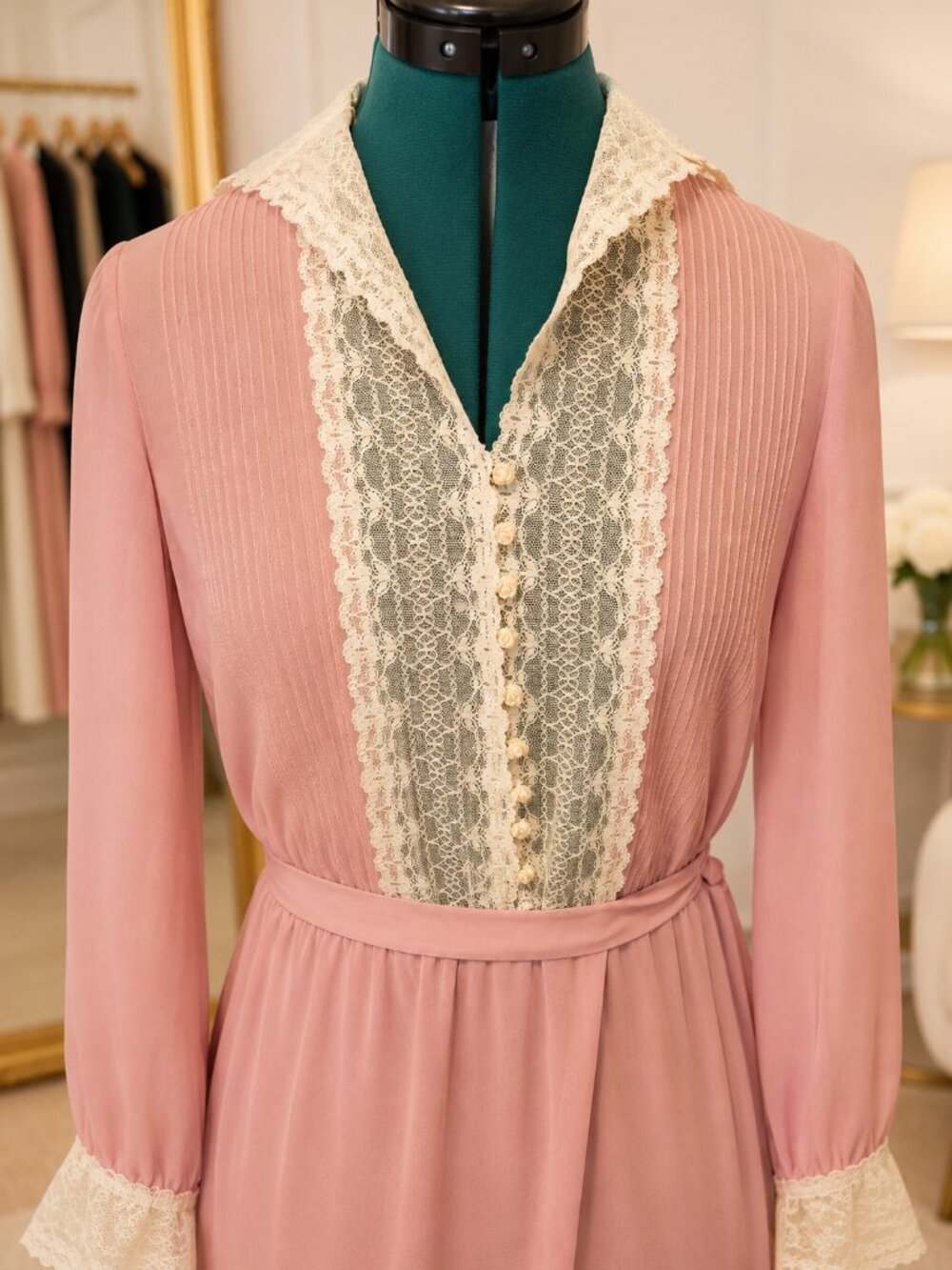Vintage Dusty Rose Lace Midi Dress | Romantic Prairie Cottagecore Style